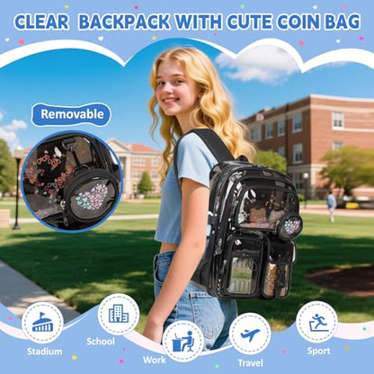 Clear Backpacks for Stadium Events Heavy Duty Clear Bookbag for School Girls Transparent Back Pack, Black Semitransparent - color: Black Semitransparent