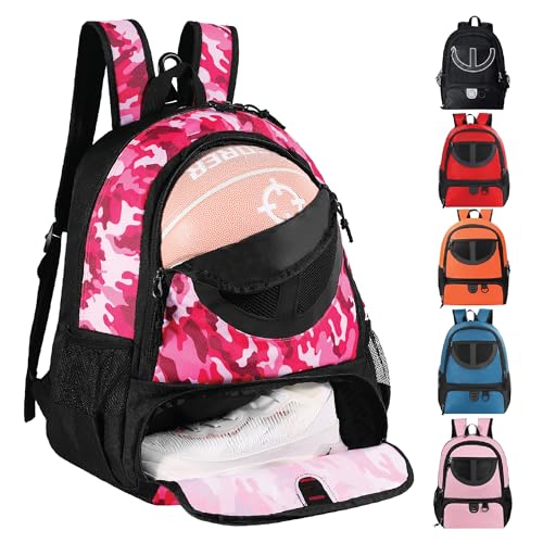 Basketball Bag Backpack for Men Women with Ball & Shoes Compartment 30L Capacity Lightweight Breathable Boys Girls Soccer Ball Bag Backpack Fit Volleyball Football Sports Travel School Gym - color: TK8PinkCamo