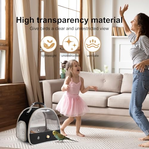 Bird Carrier, Portable Small Bird Parrot Parakeet Carrier with Standing Perch and Stainless Steel Tray, Side Access Window Collapsible (Black, Clear Windows) - color: Black