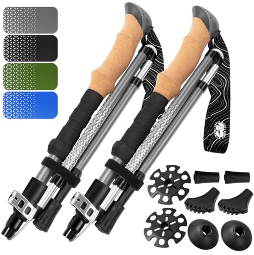Premium Foldable Hiking Poles by USA Brand - Adjustable, Lightweight Trekking Poles Made of Aircraft Aluminum, Metal Locks Cork EVA Grips - color: Cork - Gray, size: 115-135 cm for Height: 5'10" and taller