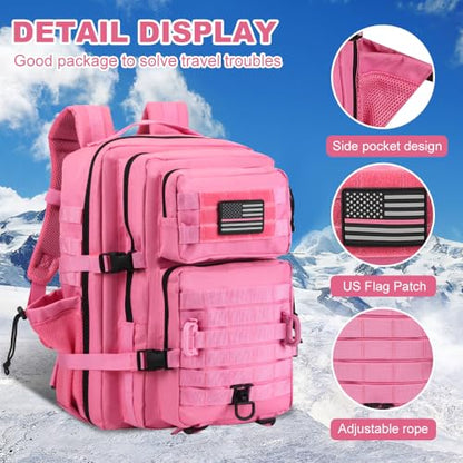 Hannibal Tactical 45L MOLLE Assault Backpack, Tactical Backpack Military Army Camping Rucksack with Bottle Holder, 3-Day Pack Trip w/USA Flag Patch, D-Rings, Pink - color: Pink, size: 45L