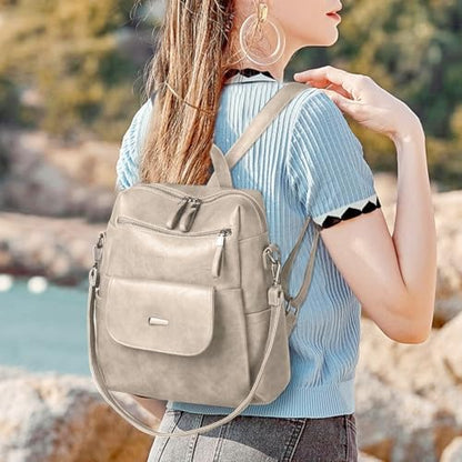 WYFJNX PU Leather Backpack Purse for Women Fashion Multipurpose Design Handbag Ladies Shoulder Bags Travel Backpack Beige - color: Beige