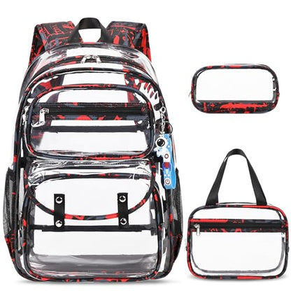ACESAK Clear Backpack for Boys - 3 Pcs Clear Backpack Heavy Duty with Lunch Bag - See Through Bookbag Stadium Approved for Kids Middle High College School Sport Travel (Red) - color: Red