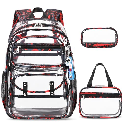 ACESAK Clear Backpack for Boys - 3 Pcs Clear Backpack Heavy Duty with Lunch Bag - See Through Bookbag Stadium Approved for Kids Middle High College School Sport Travel (Red) - color: Red