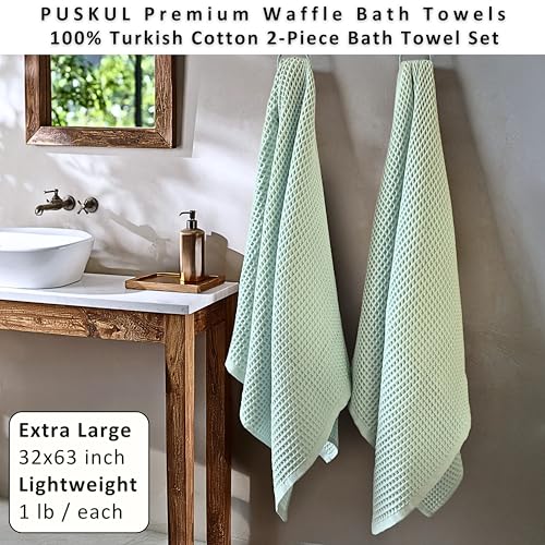 PÜSKÜL Natural 100% Turkish Cotton Waffle Bath Towels Set of 2-Piece | 32x63 inch Extra Large Absorbent Quick-Dry Lightweight Spa Towel | Luxury Sauna Accessories (Ice Green Bath Towels - Pack of 2) - color: Ice Green