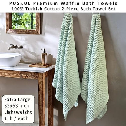 PÜSKÜL Natural 100% Turkish Cotton Waffle Bath Towels Set of 2-Piece | 32x63 inch Extra Large Absorbent Quick-Dry Lightweight Spa Towel | Luxury Sauna Accessories (Ice Green Bath Towels - Pack of 2) - color: Ice Green