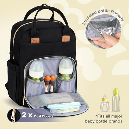 RUVALINO Diaper Bag Backpack, Multifunction Travel Pack Maternity Baby Changing Bags, Large Capacity, Waterproof, Deep Black, Polyester - color: Deep Black