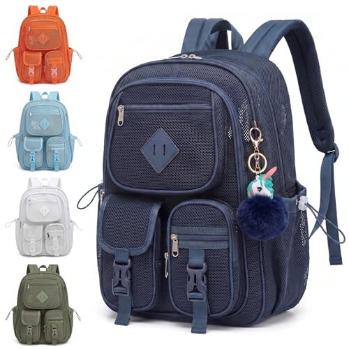 Mesh Backpack for Girls Boys, Heavy Duty Semi-Transparent Mesh Bookbag Womens Mens Mesh Backpacks for School, Sports, Beach, Swimming, Travel - Navy Blue - color: Navy Blue