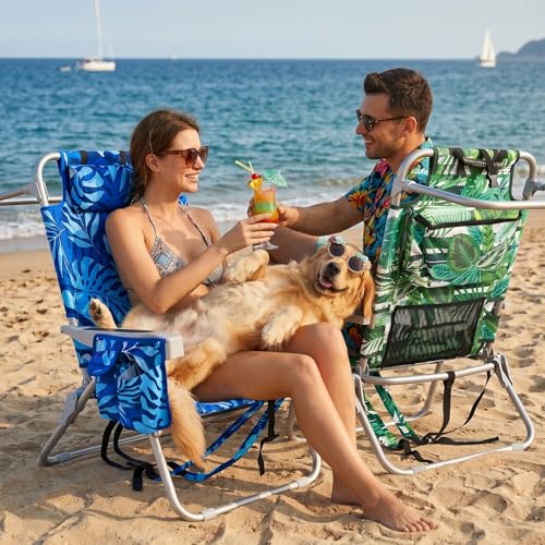 Palm Leaves Beach Chair Heavy Duty 330 lbs, 5-Position Lay Flat Folding Backpack Beach Chair with Cooler for Adults, Reclining Sand Chair for Beach Poolside Vacation(Blueleaves,1PK)