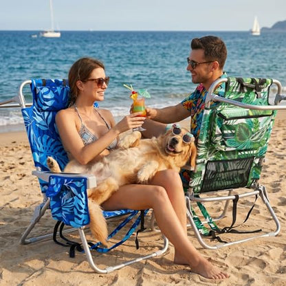 Palm Leaves Beach Chair Heavy Duty 330 lbs, 5-Position Lay Flat Folding Backpack Beach Chair with Cooler for Adults, Reclining Sand Chair for Beach Poolside Vacation(Blueleaves,1PK)