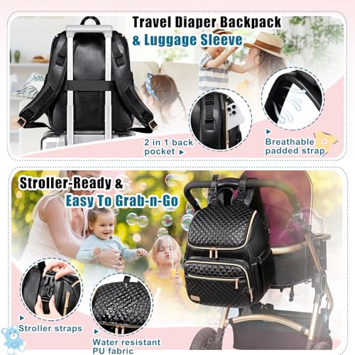 Weitars Diaper Bag Backpack Leather Baby Diaper Bag with Changing Pad Travel Diaper Backpack,Baby Bag for Mom,Stroller Straps,5 Insulated Pockets (Black Leather) - color: Black Leather