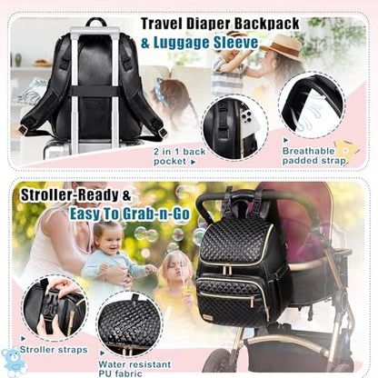 Weitars Diaper Bag Backpack Leather Baby Diaper Bag with Changing Pad Travel Diaper Backpack,Baby Bag for Mom,Stroller Straps,5 Insulated Pockets (Black Leather) - color: Black Leather