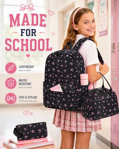 CAMTOP Girls Backpack with Lunch Box Set, Cute Bow School Backpack for Kids, 3-in-1 Lightweight Lunch Bag and Pencil Pouch - color: Black Pink Bow
