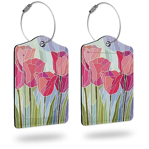 Luggage Tags for suitcases,2 Pack Pink Tulip Luggage Tag,Leather Stainless Steel Loop Label Tag for Women Men Girls Travel Bag Suitcase - color: Pink Tulip