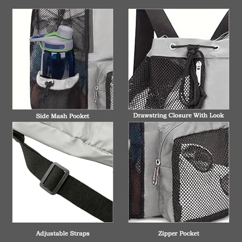 Mesh Drawstring Beach Backpack with Waterproof Wet Pocket Lightweight Swim Bag for Swimming Gym Workout for Men Women Light Grey