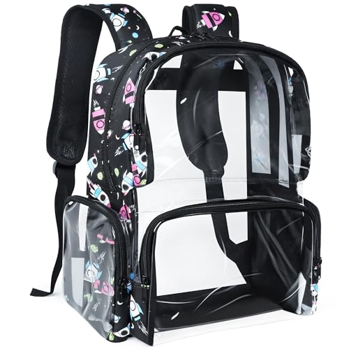 Clear Backpack Heavy Duty,18'' Large Clear Backpack with Multiple Pockets,See Through Bookbag for College Work Security,Rocket Black - color: Rocket-black