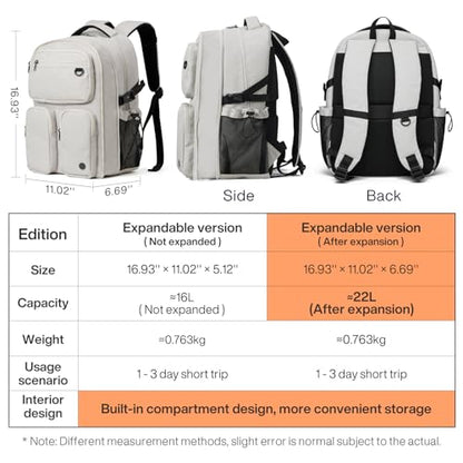 mixi Large Expandable Travel Laptop Backpack, Lightweight Durable College Bookbag Men Woman 15.6" Computer Bag, Water Resistant Outdoor Hiking Backpacks With Multifunction Pockets, Beige - color: Beige Expandable