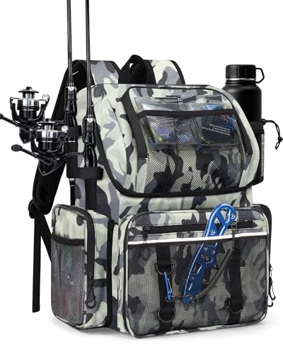 Fishing Backpack, Large Water Resistant Tackle Bag Storage Fishing Gear and Equipment, Built-in Cooler Compartment Grey - color: Grey Camo