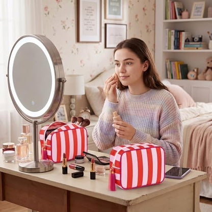 Kacctyen 6 Pack Tomato Red and Light Pink Striped Makeup Bag bulk with Tassel Travel Cosmetic Pouch Organizer Large Zipper Toiletry Case for Women Aesthetic Storage Pouch Mahjong Tile Bag - color: Tomato Red and Light Pink
