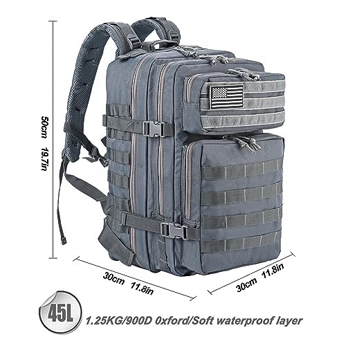 LHI Military Tactical Backpack for Men and Women 45L Army 3 Days Assault Pack Bag Large Rucksack with Molle System - Grey - color: Grey