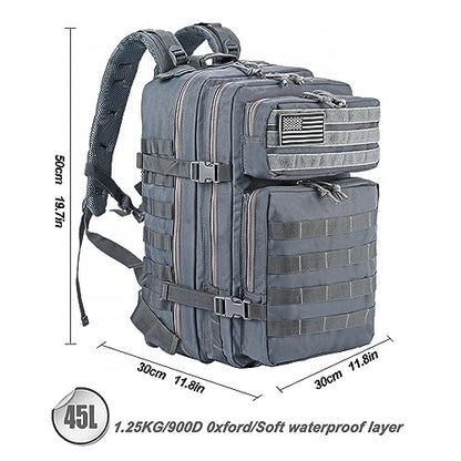 LHI Military Tactical Backpack for Men and Women 45L Army 3 Days Assault Pack Bag Large Rucksack with Molle System - Grey - color: Grey