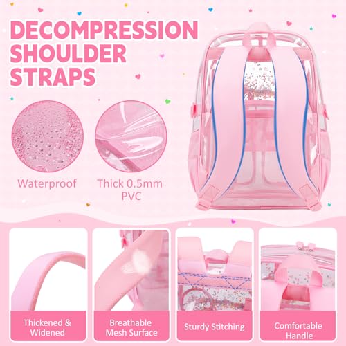 Clear Backpack for Girls School Clear Bookbag Stadium Events Heavy Duty Transparent Back Pack, Pink - color: Pink