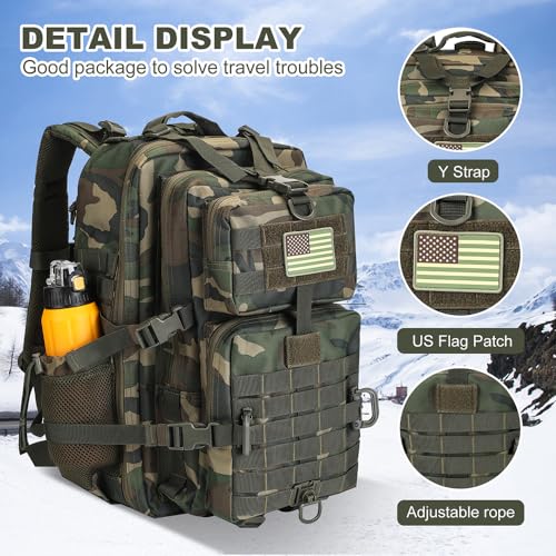 Hannibal Tactical 45L MOLLE Assault Backpack, Tactical Backpack Military Army Camping Rucksack with Bottle Holder, 3-Day Pack Trip w/USA Flag Patch, D-Rings, US Woodland - color: Us Woodland, size: 45L