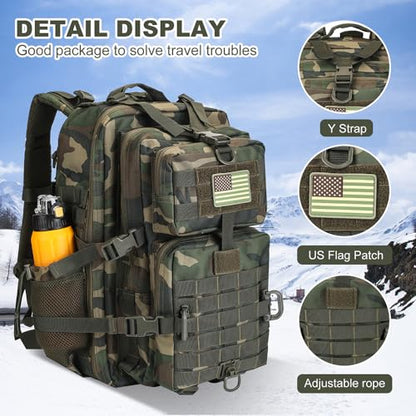 Hannibal Tactical 45L MOLLE Assault Backpack, Tactical Backpack Military Army Camping Rucksack with Bottle Holder, 3-Day Pack Trip w/USA Flag Patch, D-Rings, US Woodland - color: Us Woodland, size: 45L