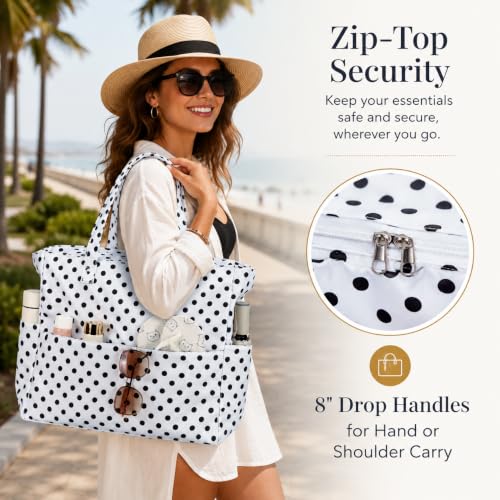LEDAOU Beach Bag Waterproof Sandproof Women Beach Tote Pool Bag with Zipper for Swim Gym Grocery Travel with Wet Pocket | Sandproof - color: White Polka Dots
