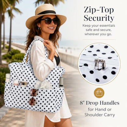 LEDAOU Beach Bag Waterproof Sandproof Women Beach Tote Pool Bag with Zipper for Swim Gym Grocery Travel with Wet Pocket | Sandproof - color: White Polka Dots