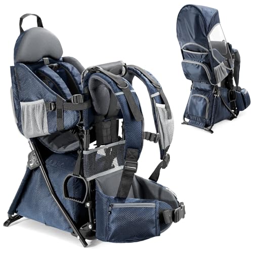 besrey Baby Backpack Carrier, Toddler Hiking Backpack with Safety 3-Height Seat, Adjustable Straps&Waist Belt, Foldable Frame Lightweight Large Capacity Child Carrier for Hiking (Blue) - color: Blue