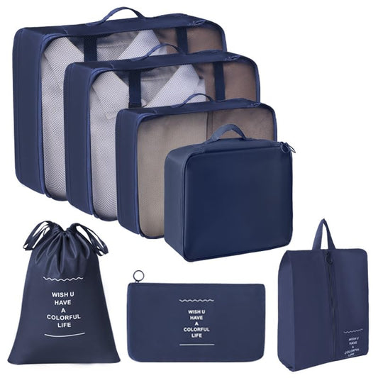 7 Set Packing Cubes for Suitcases, Breathable Luggage Organizer Bags, Travel Essentials with Clothing, Shoe, Cosmetics, Flat, Drawstring Bags, Navy - color: Navy