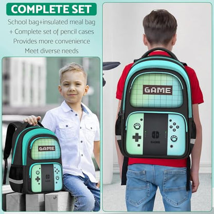 Kids Backpack For Boys，Gamer Boys Backpack For Children Teens Elementary Middle School, 17″ Students Bookbag - color: Backpack-sw-green & Blue