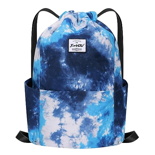 XEYOU Drawstring Sports Backpack Lightweight Gym Yoga Sackpack Shoulder Rucksack Casual Outdoor Daypack for Women and Men | Lightweight - color: Gradient Blue White