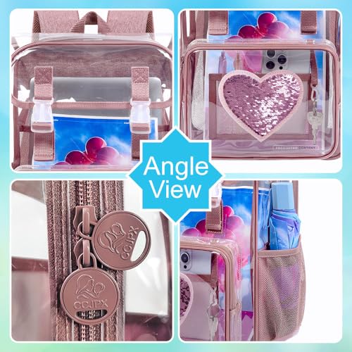 3Pcs Pink Clear Backpack for Girls, School Kids Transparent Bookbag Set, 17" Stadium Approved See Through Backpack with Lunch Box (Pink) - color: Clear Sequins Pink