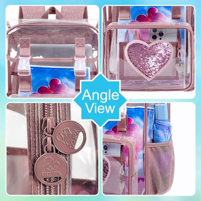 3Pcs Pink Clear Backpack for Girls, School Kids Transparent Bookbag Set, 17" Stadium Approved See Through Backpack with Lunch Box (Pink) - color: Clear Sequins Pink