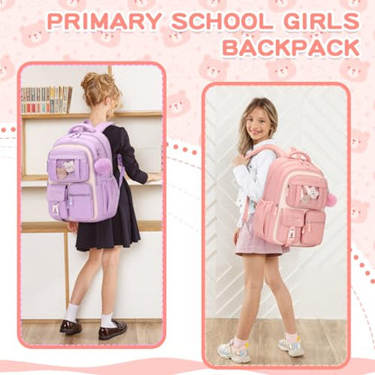 PIG PIG GIRL Kids Backpack for Girls School Bags for Middle School Students Book Bag for Elementary Primary Kawaii Ita Backpack, Pink and Beige - color: Pink and Beige