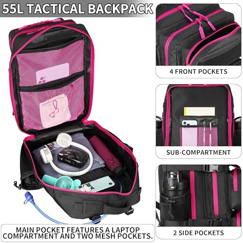 55L Tactical Backpack Heavy Duty Military Rucksack Molle Backpack 3 Day Assault Pack for Work Outdoors - color: Black Rose