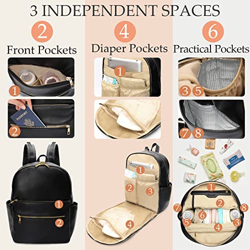 Omanmoli Diaper Bag Backpack Baby Diaper Bag Leather Diaper Bag Backpack Mom Dad with 18 Organizing Pouches,6 Insulated Pockets,Changing Pad,Stroller Straps, Large Capacity,Waterproof(Black) - color: Black