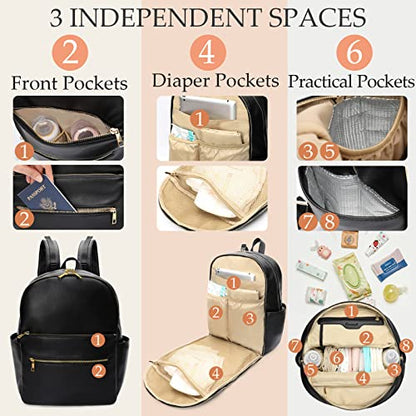 Omanmoli Diaper Bag Backpack Baby Diaper Bag Leather Diaper Bag Backpack Mom Dad with 18 Organizing Pouches,6 Insulated Pockets,Changing Pad,Stroller Straps, Large Capacity,Waterproof(Black) - color: Black