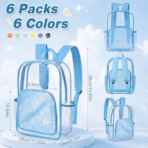 Reginary 6 Pcs Clear Backpacks Bulk 15 x 11 x 5.1 Inch Colorful Bookbags with Matching Speckled Pattern for School Work Travel Stadium Events