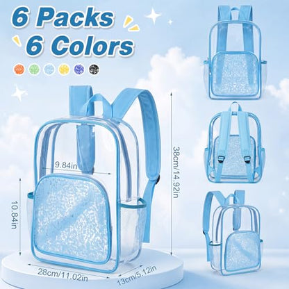 Reginary 6 Pcs Clear Backpacks Bulk 15 x 11 x 5.1 Inch Colorful Bookbags with Matching Speckled Pattern for School Work Travel Stadium Events