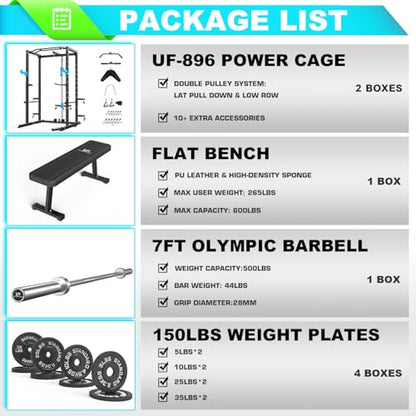 ULTRA FUEGO Power Cage, Multi-Functional Power Rack with J-Hooks, Dip Handles, Landmine Attachment and Optional Cable Pulley System for Home Gym - size: 150LB Weights Package+Flat Bench