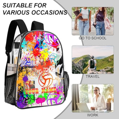 Custom Volleyball Clear Backpack Heavy Duty for Girls Kids Boys | Large Cool PVC Volleyball Theme Printing Transparent Backpacks for Schools Stadium Concerts Work - Clear/Black - color: Volleyball Clear Backpack 1 Black Custom