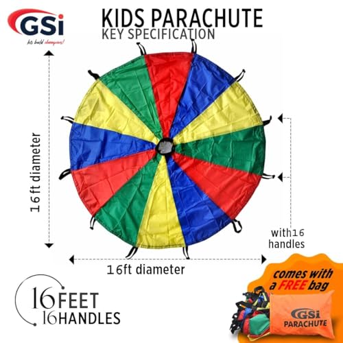 GSi Kids Play Parachute Rainbow Parachute Toy Tent Game for Children Gymnastics Cooperative Play and Outdoor Playground Activities (16 Feet) - size: 16 Feet