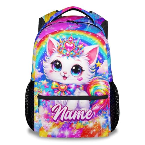 Toddler Backpack for Girls Personalized Cat School Bag - Customized Kindergarten Bookbag for Kids, Water Resistant Daypack for Elementary Students (17 Inch) - color: White