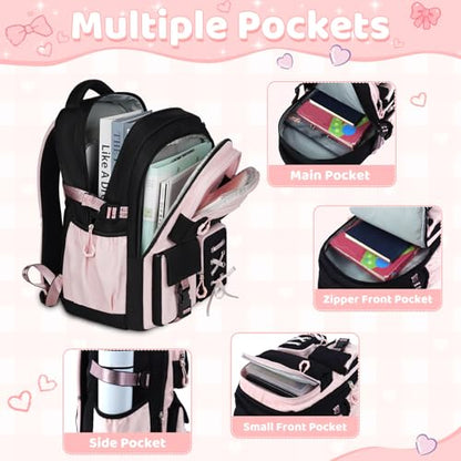 Girls Backpack with Lunch Box, 5pc Cute Pink/Black Bookbag for Kids Teen, Kawaii Aesthetic Elementary School Backpack - color: Pink Black