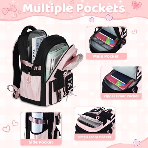 Girls Backpack with Lunch Box, 5pc Cute Pink/Black Bookbag for Kids Teen, Kawaii Aesthetic Elementary School Backpack - color: Pink Black