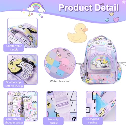 16 Inch Girls Backpack for Preschool Kindergarten Elementary School, Multi Pocket Purple School Backpack Lightweight Kawaii - color: Cute Yellow Duck