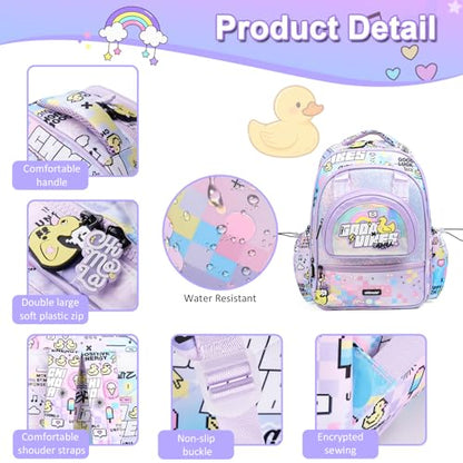 16 Inch Girls Backpack for Preschool Kindergarten Elementary School, Multi Pocket Purple School Backpack Lightweight Kawaii - color: Cute Yellow Duck